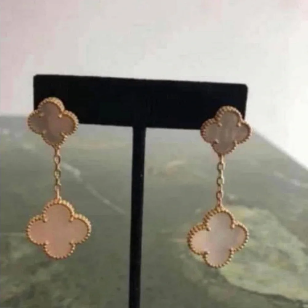 Elegant Gold Plated and White Double Clover Earrings